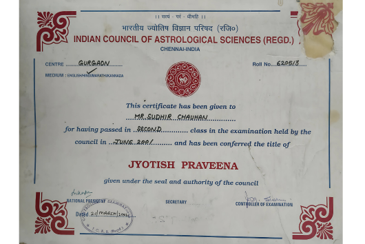 Sudheer Chauhan Got Certification by the Indian Council of Astrological Science